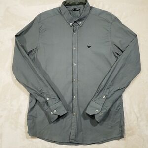 Emporio Armani Button Down Shirt Mens XXL Gray Logo‎ Cotton Poplin Casual Top
